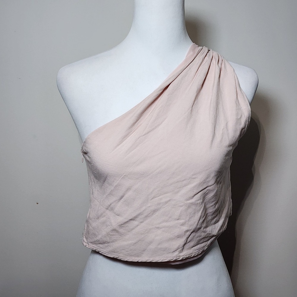 MABLE One Shoulder Crop Top  S Pink Linen Blend Knot Back Tank Tropical Vacation
